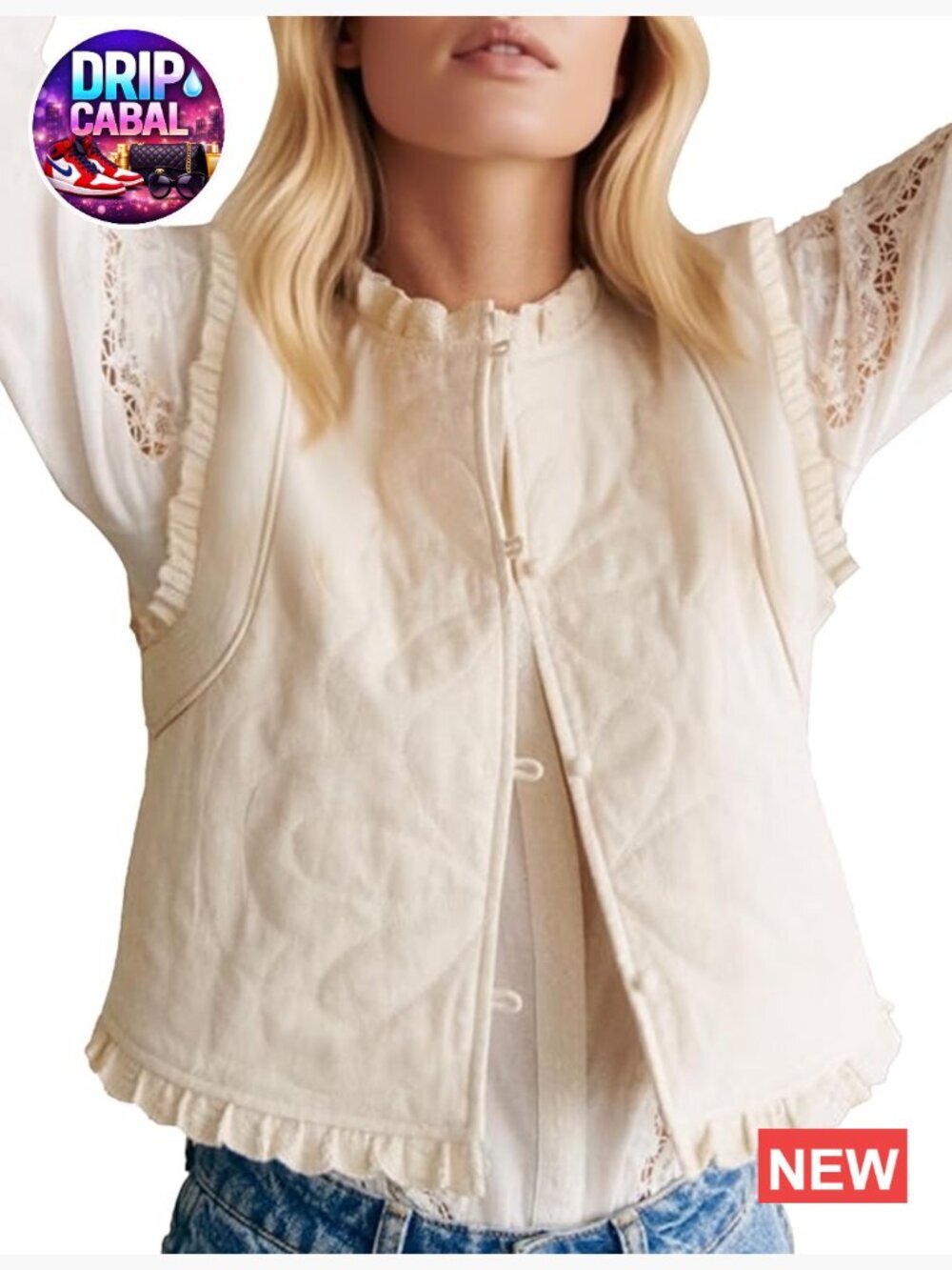 Women's Cropped Quilted Vest Sleeveless Ruffle Trim Button Down Vest